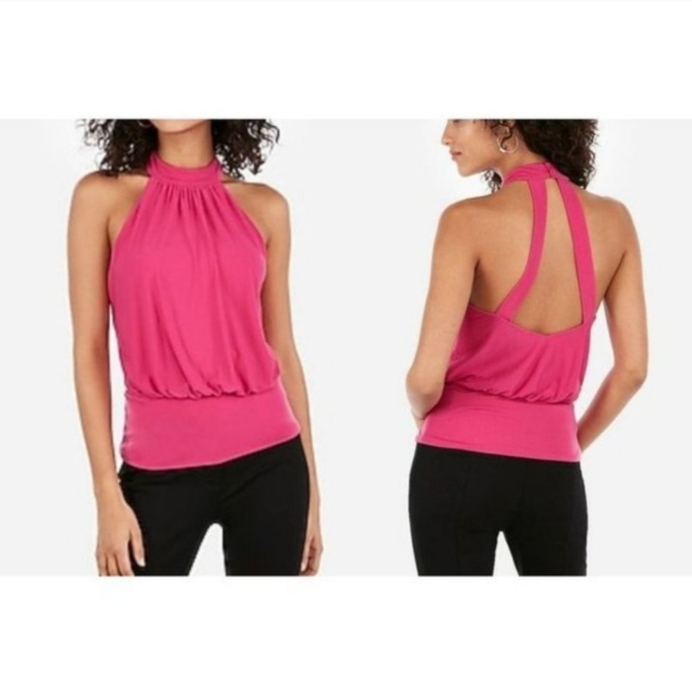 Express Banded Bottom Cut Out Back Mock Neck Halter Top Hot Pink Large NWT
